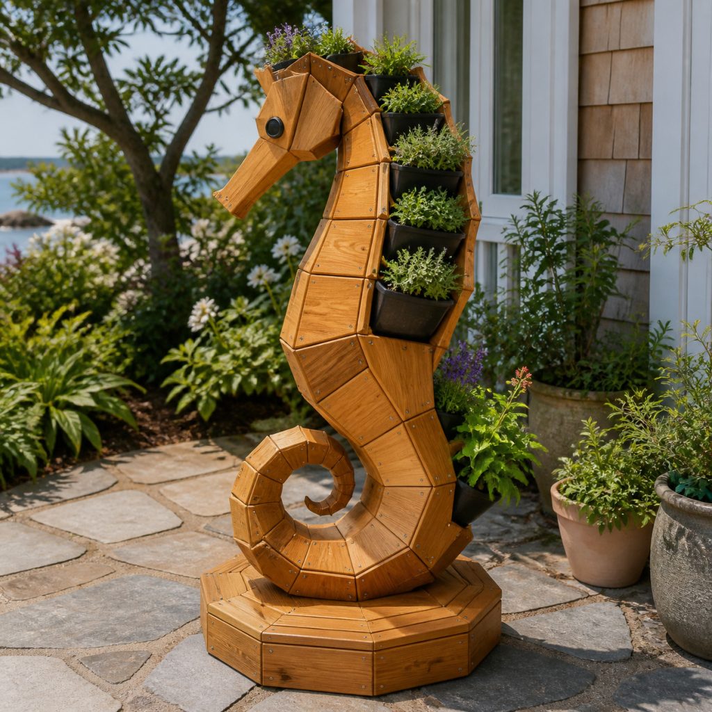 Modern Geometric Seahorse shown as a square photorealistic cedar garden planter filled with cottage flowers
