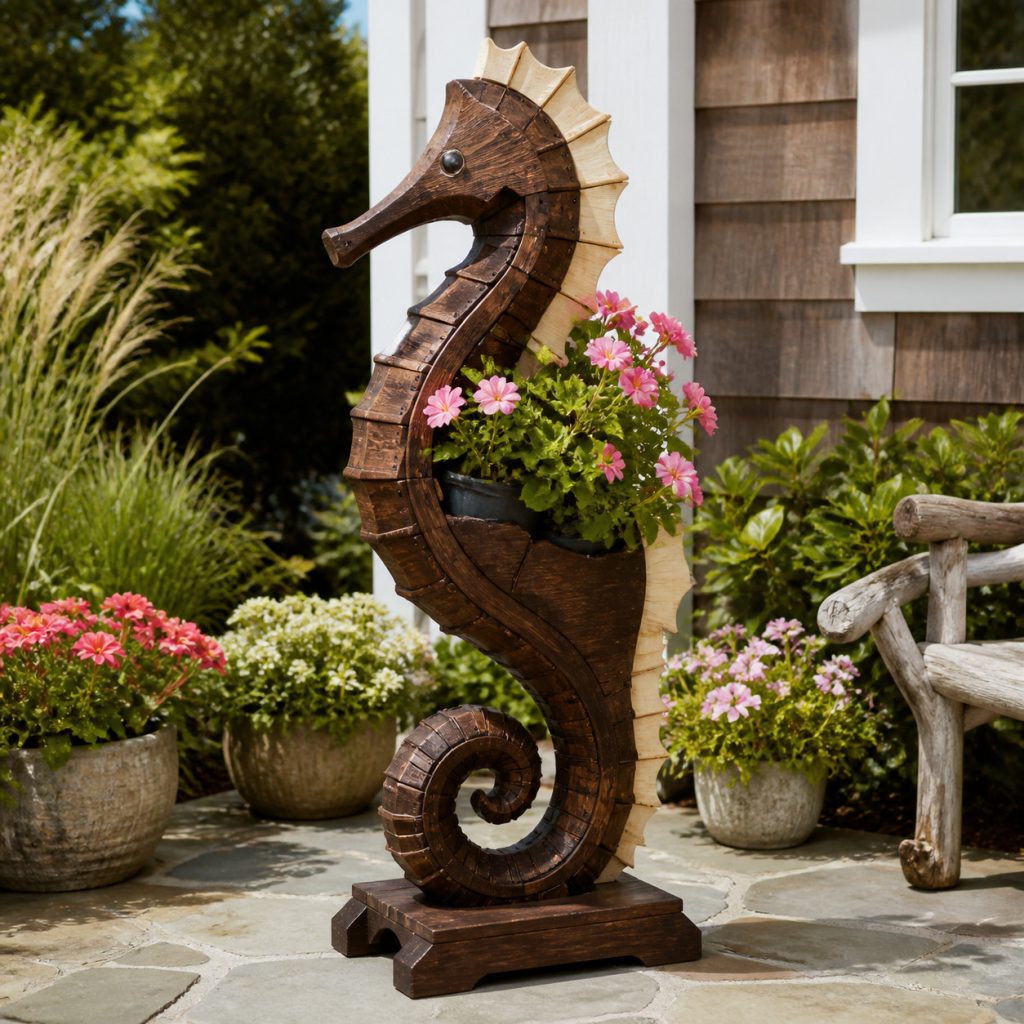 Two-Tone Coastal Seahorse shown as a square photorealistic cedar garden planter filled with cottage flowers