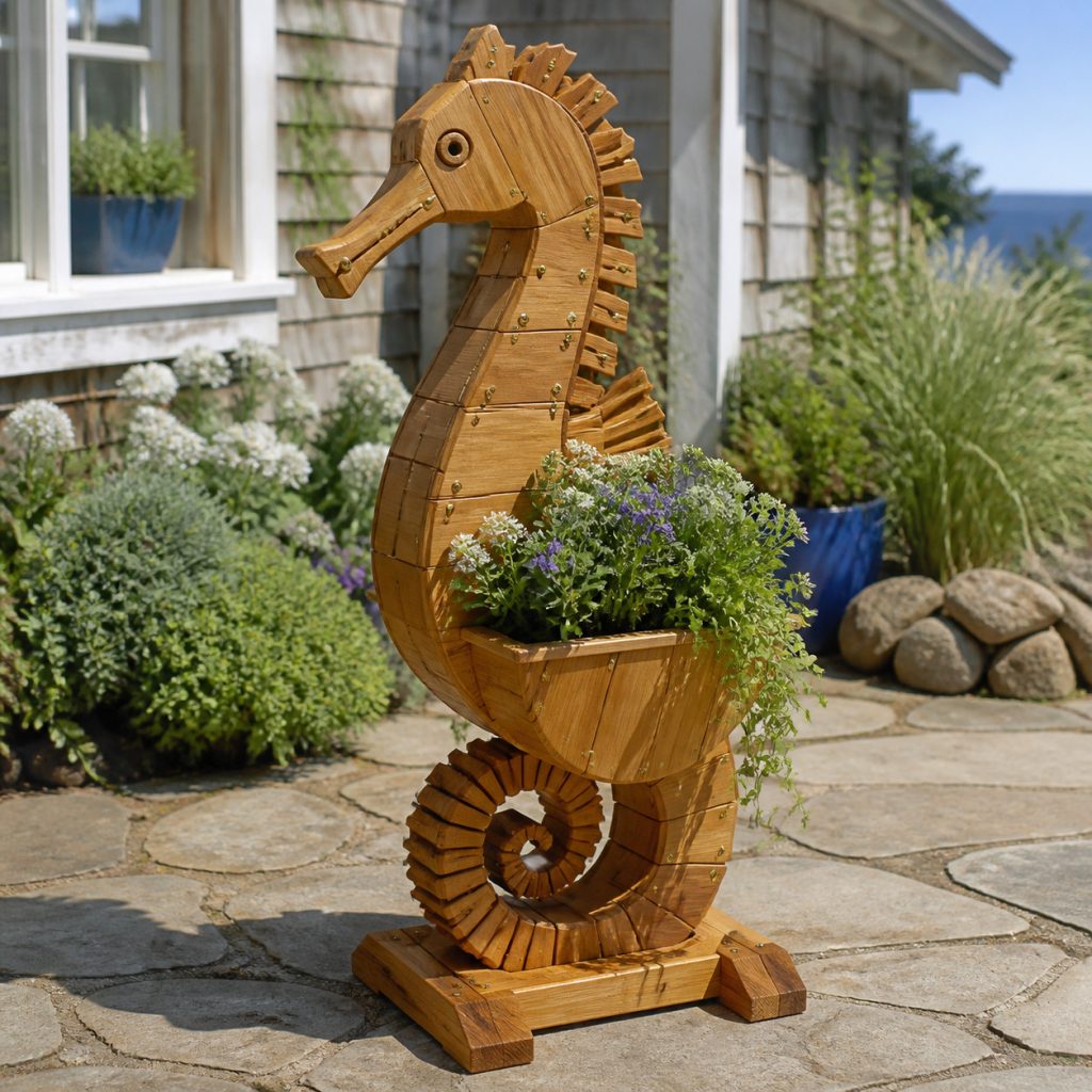 Low Flower-Body Seahorse shown as a square photorealistic cedar garden planter filled with cottage flowers