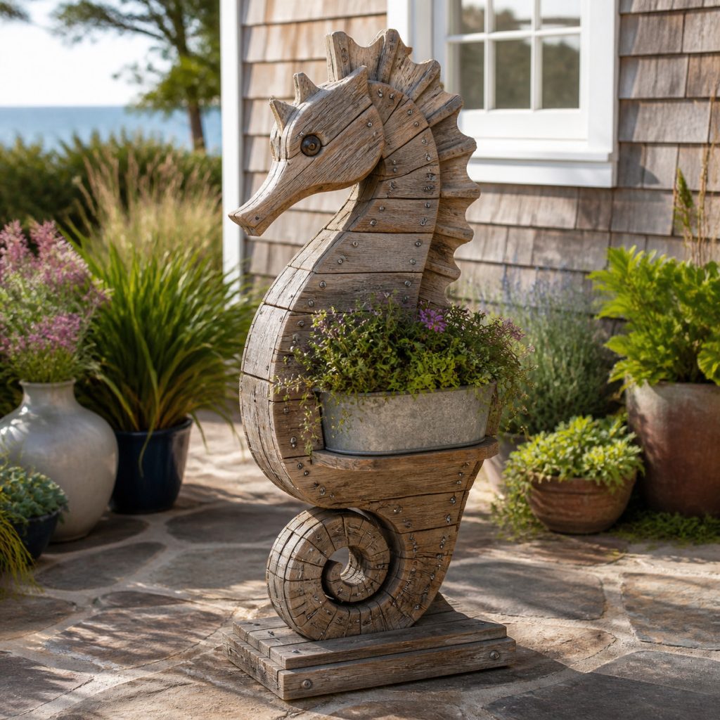 Weathered Seaside Seahorse shown as a square photorealistic cedar garden planter filled with cottage flowers