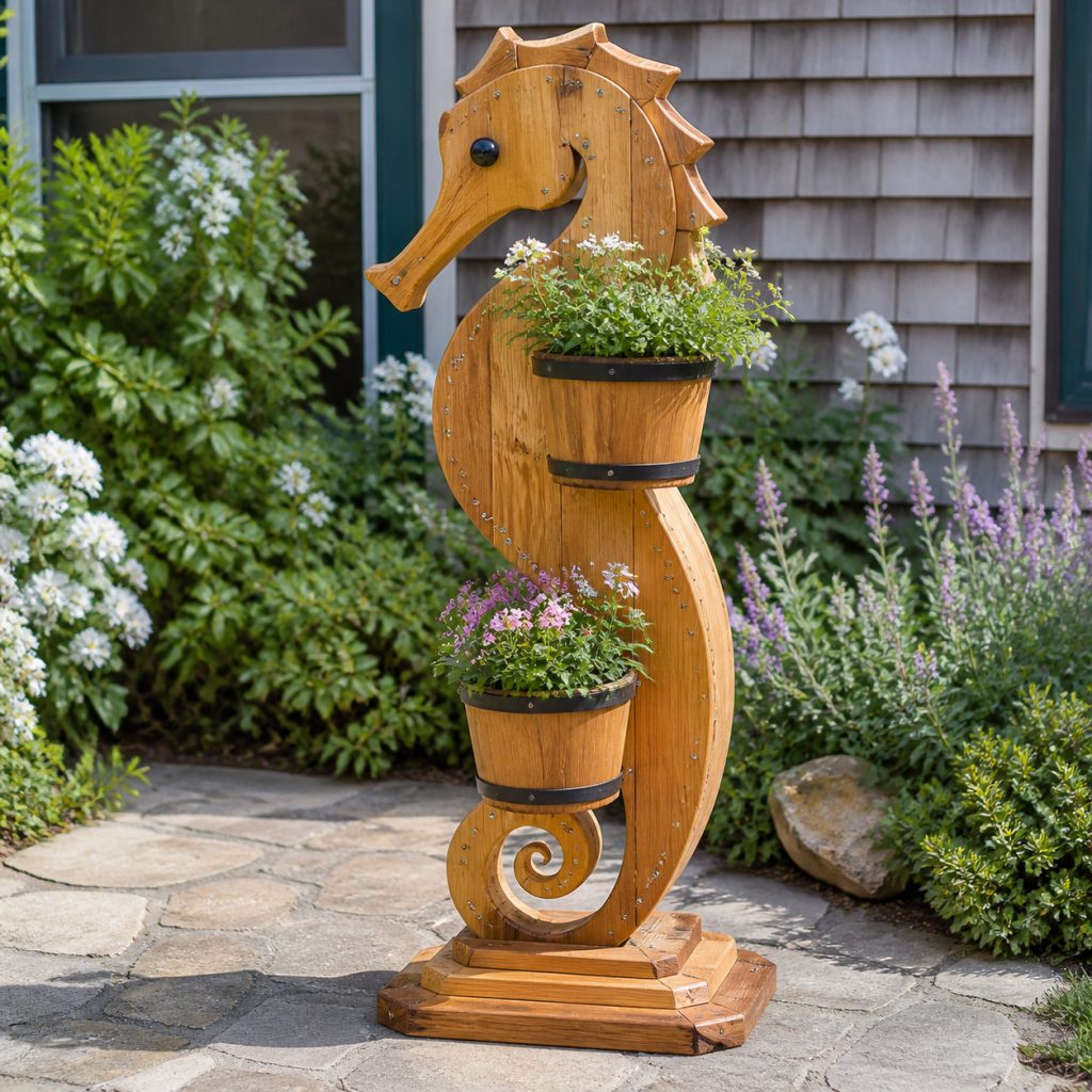 Seahorse with Twin Small Pots shown as a square photorealistic cedar garden planter filled with cottage flowers