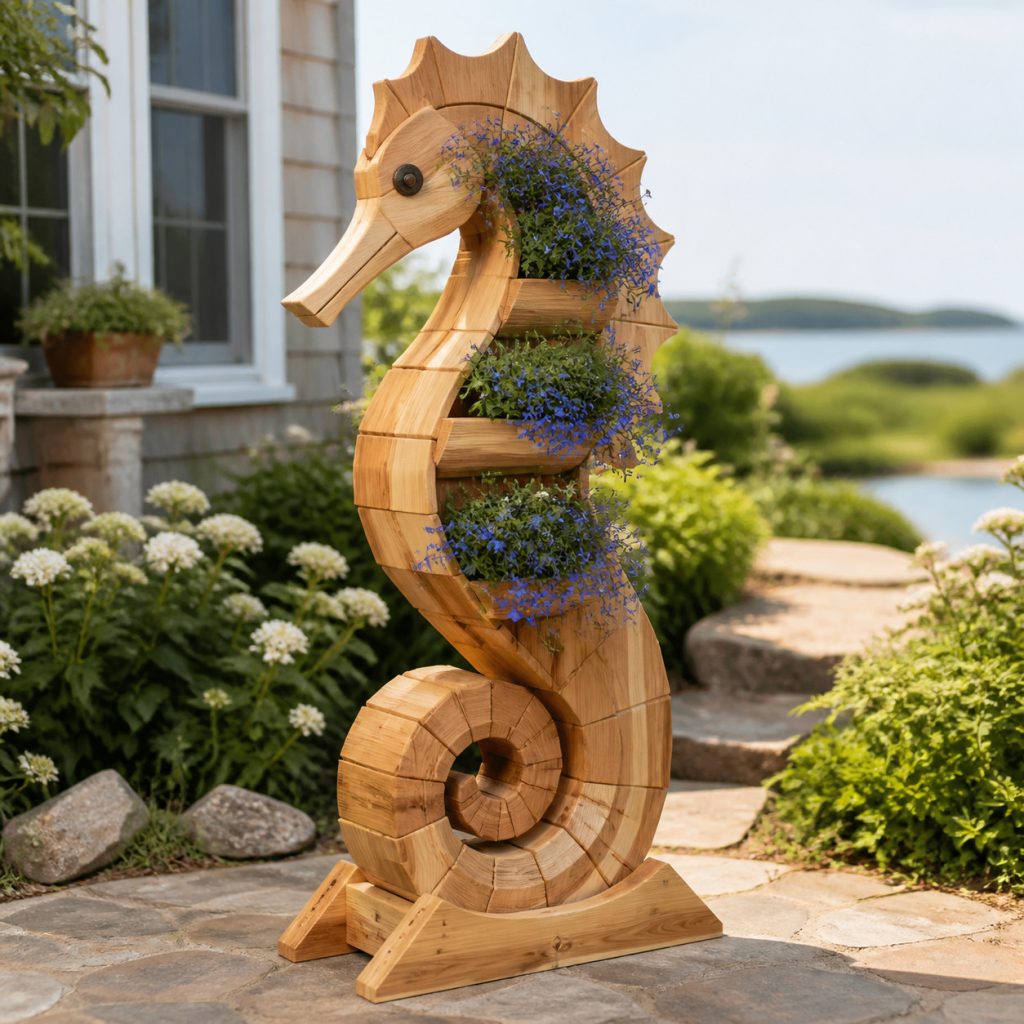Broad-Base Garden Seahorse shown as a square photorealistic cedar garden planter filled with cottage flowers
