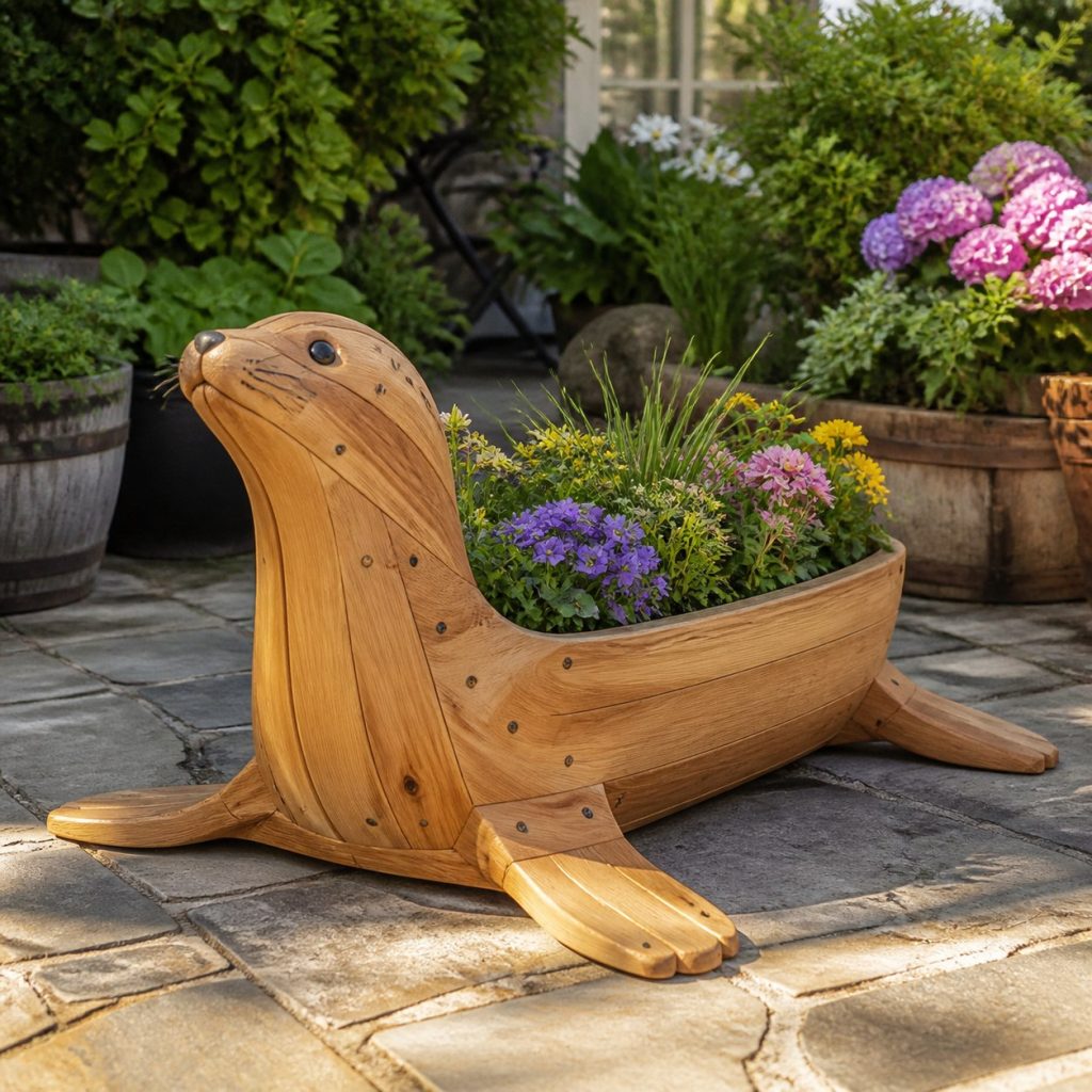 Classic Resting Cedar Seal shown as a square photorealistic cedar seal-shaped garden planter filled with flowers