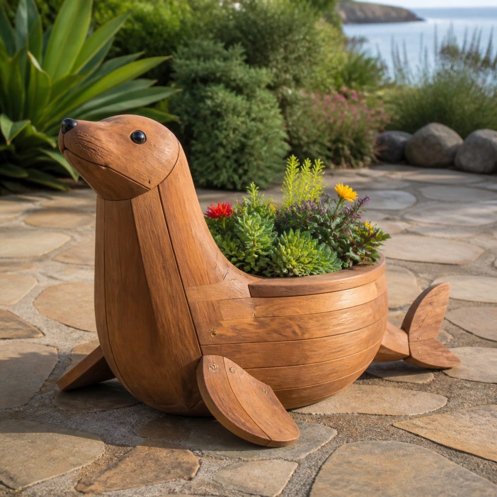 Compact Succulent Seal shown as a square photorealistic cedar seal-shaped garden planter filled with flowers