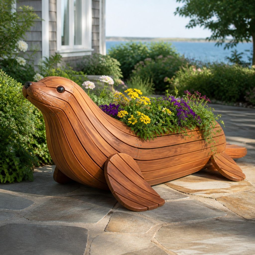 Slatted Herb-Trough Seal shown as a square photorealistic cedar seal-shaped garden planter filled with flowers