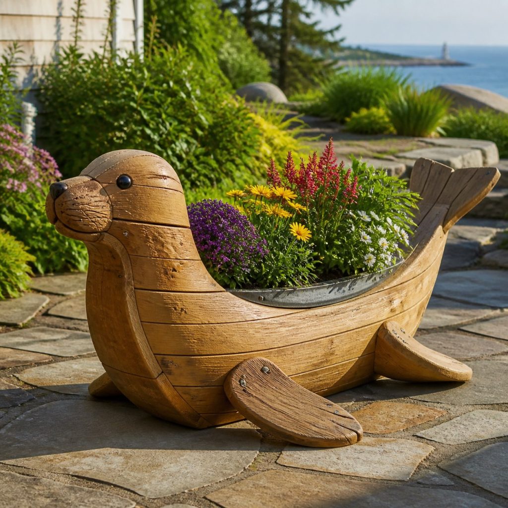 Seal with Galvanized Liner shown as a square photorealistic cedar seal-shaped garden planter filled with flowers