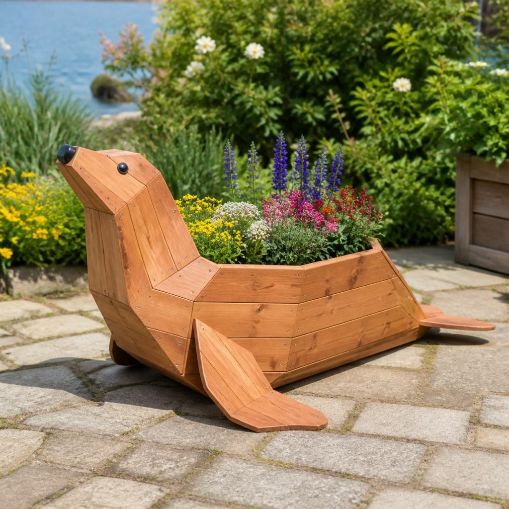 Modern Geometric Seal shown as a square photorealistic cedar seal-shaped garden planter filled with flowers