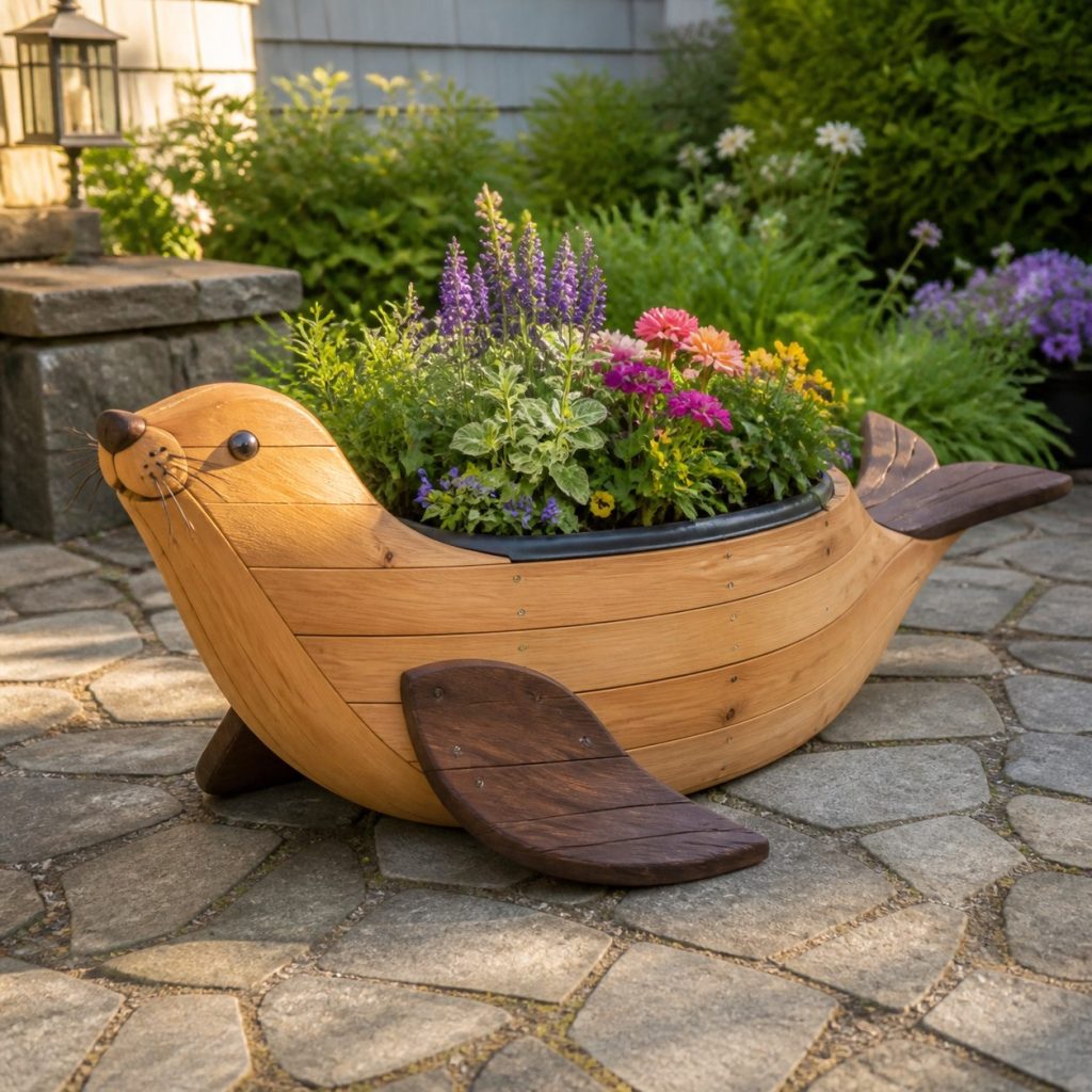 Two-Tone Cedar Seal shown as a square photorealistic cedar seal-shaped garden planter filled with flowers