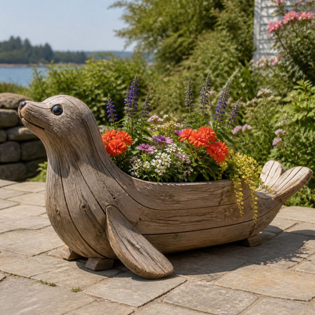 Weathered Cottage Seal shown as a square photorealistic cedar seal-shaped garden planter filled with flowers