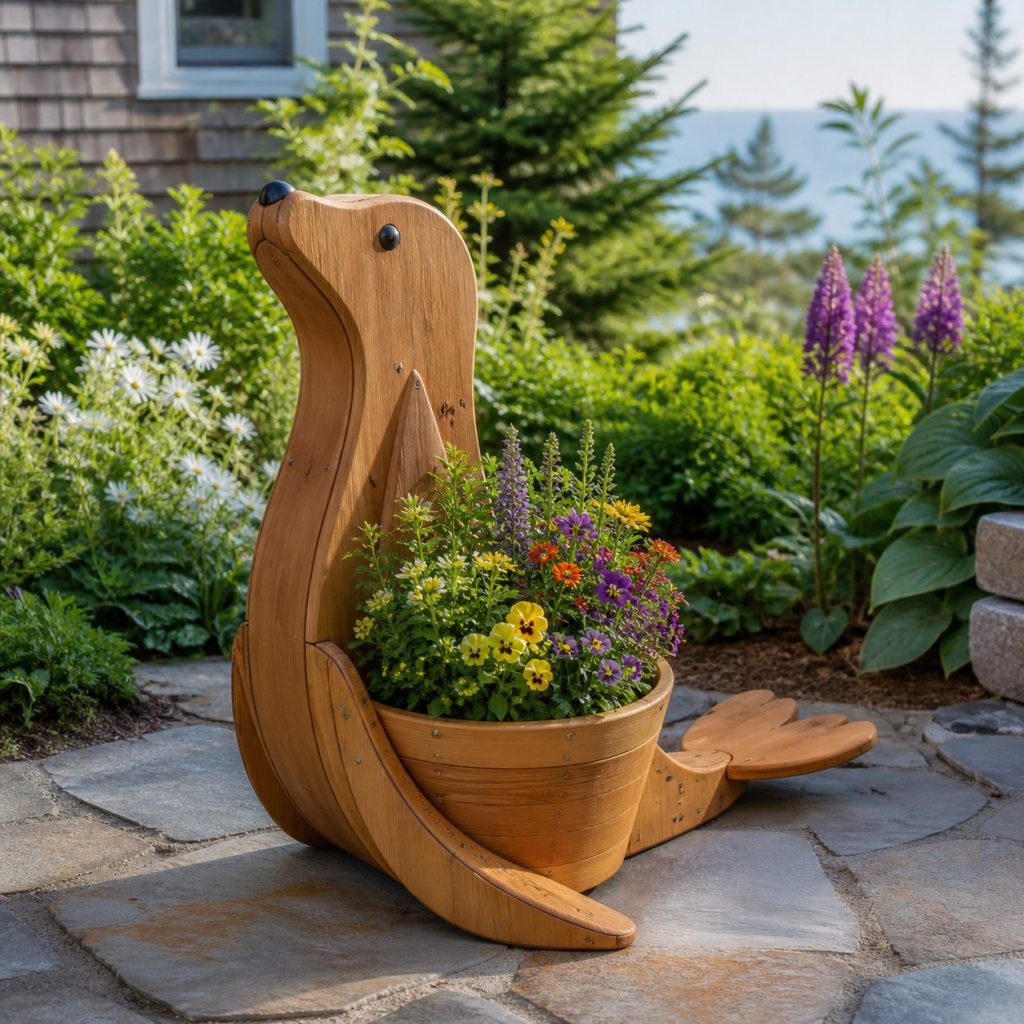 Upright Seal Pot Holder shown as a square photorealistic cedar seal-shaped garden planter filled with flowers