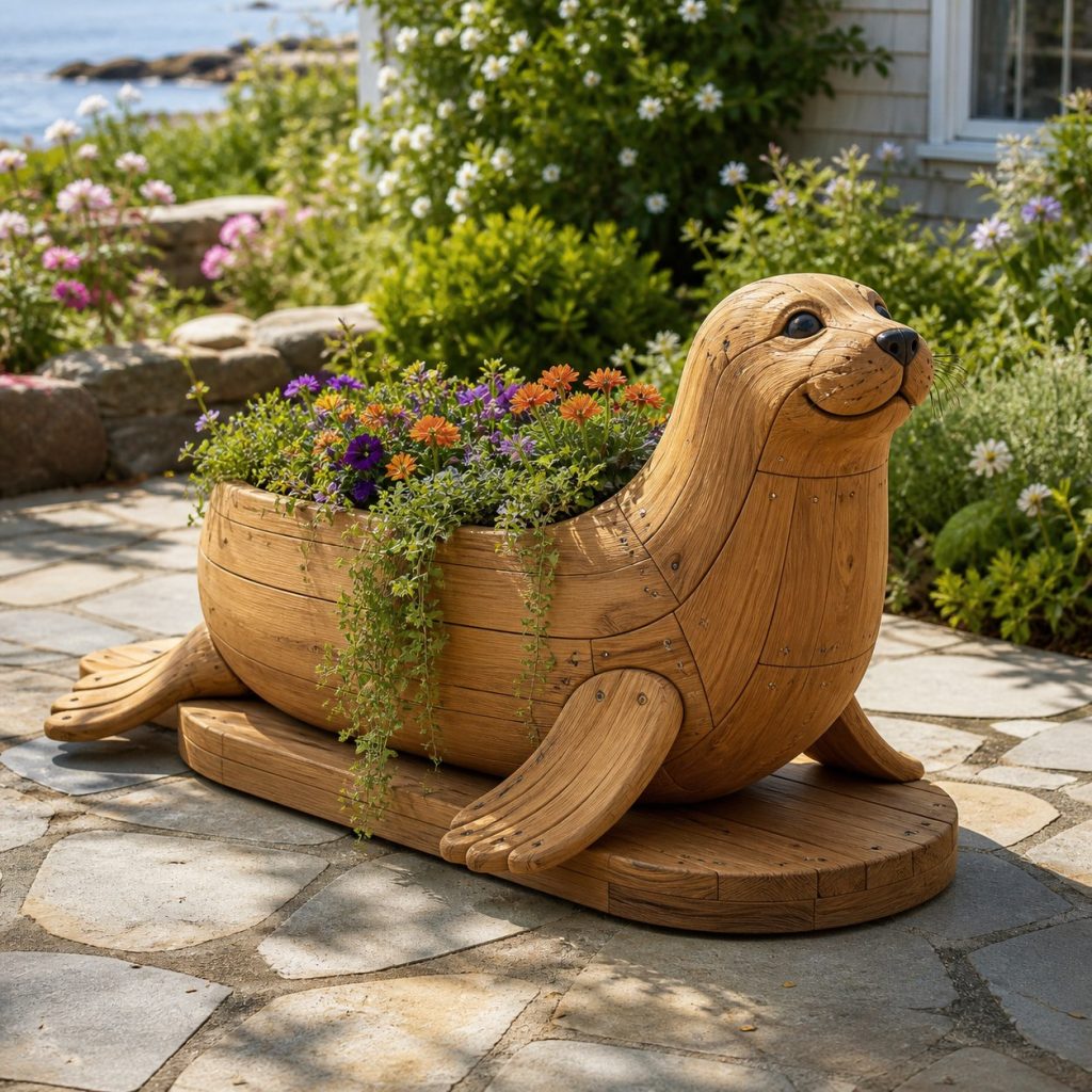 Trailing-Flower Seal shown as a square photorealistic cedar seal-shaped garden planter filled with flowers