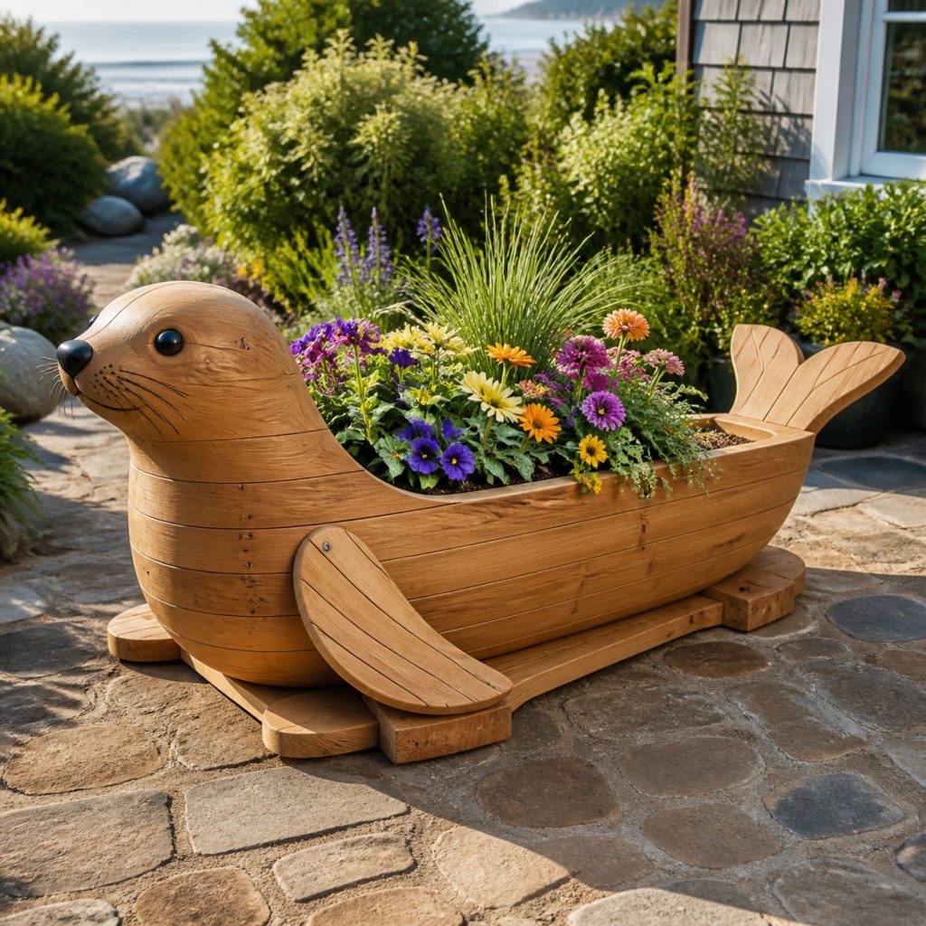Large Grass-Filled Seal shown as a square photorealistic cedar seal-shaped garden planter filled with flowers