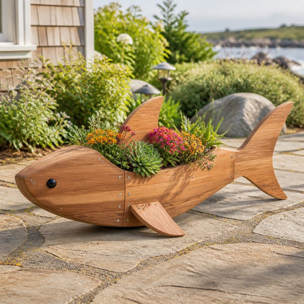 Compact Succulent Shark shown as a square photorealistic cedar shark-shaped garden planter filled with flowers