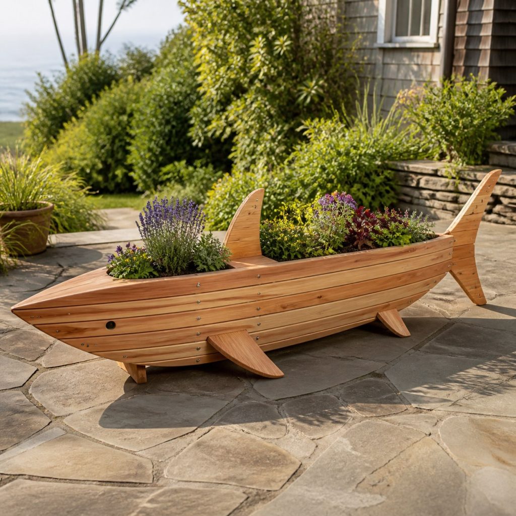 Long Slatted Herb Shark shown as a square photorealistic cedar shark-shaped garden planter filled with flowers