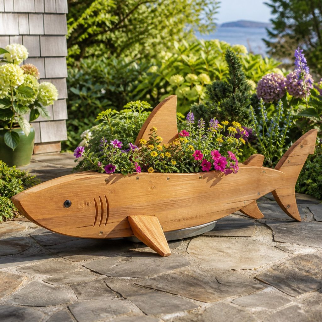 Shark with Galvanized Liner shown as a square photorealistic cedar shark-shaped garden planter filled with flowers
