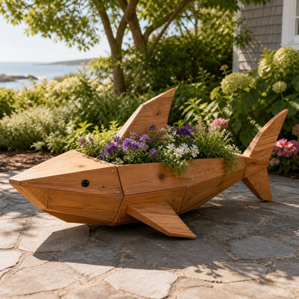 Modern Geometric Shark shown as a square photorealistic cedar shark-shaped garden planter filled with flowers