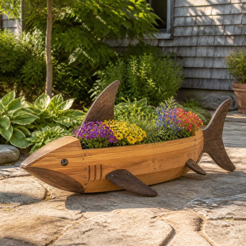 Two-Tone Cedar Shark shown as a square photorealistic cedar shark-shaped garden planter filled with flowers