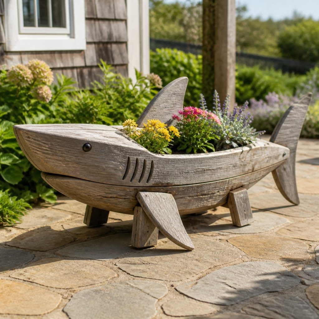 Weathered Cottage Shark shown as a square photorealistic cedar shark-shaped garden planter filled with flowers