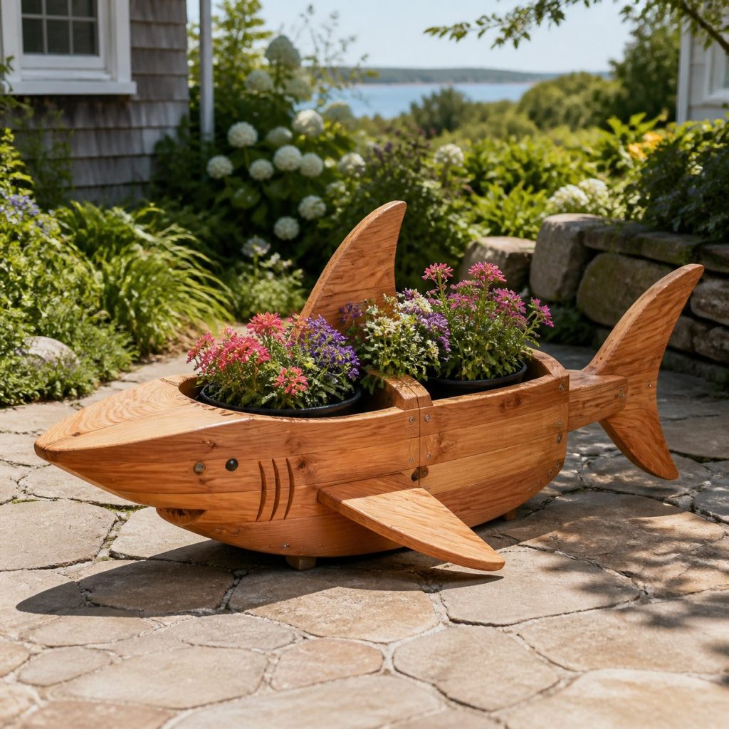 Shark with Twin Flower Pots shown as a square photorealistic cedar shark-shaped garden planter filled with flowers