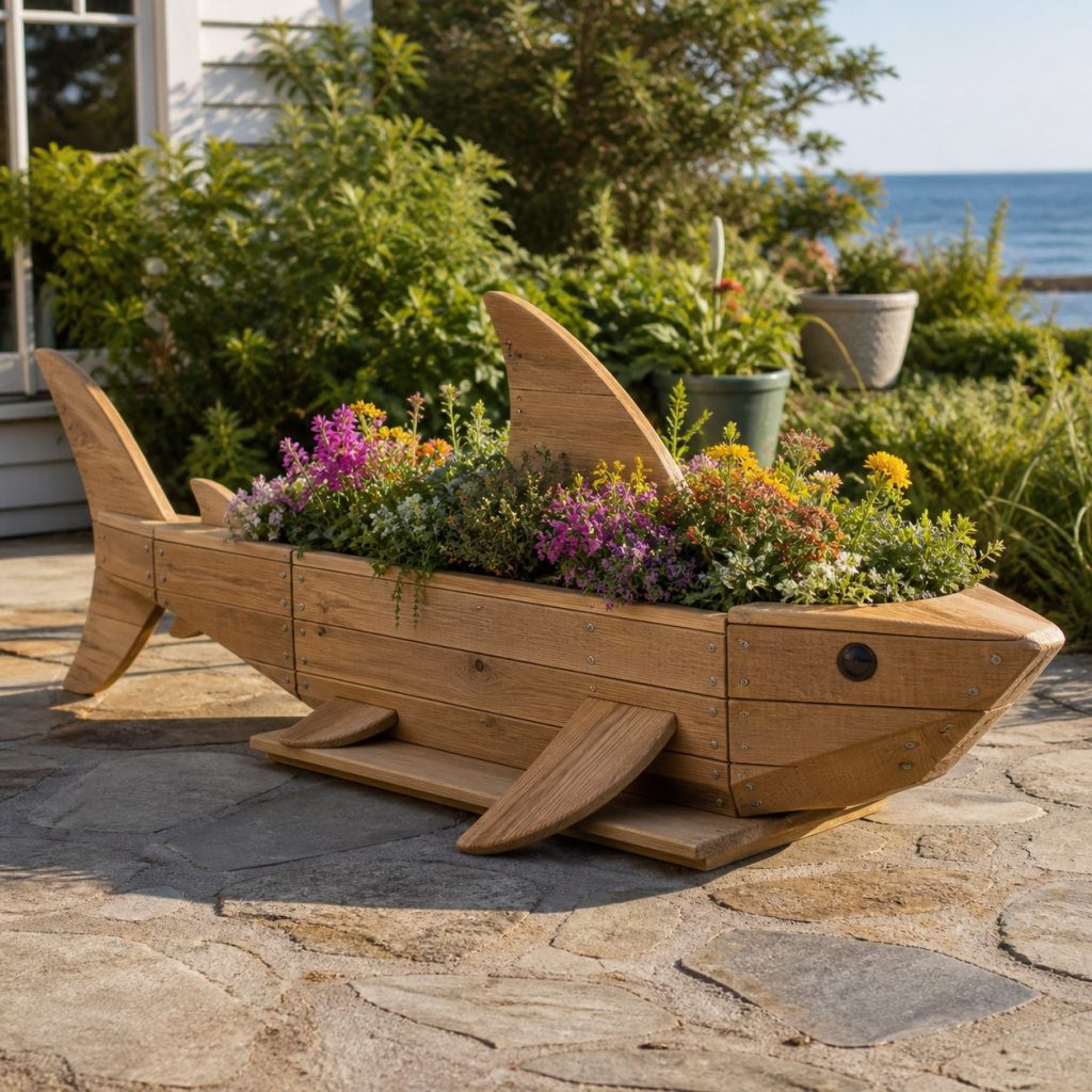 Wide Flower-Filled Shark shown as a square photorealistic cedar shark-shaped garden planter filled with flowers