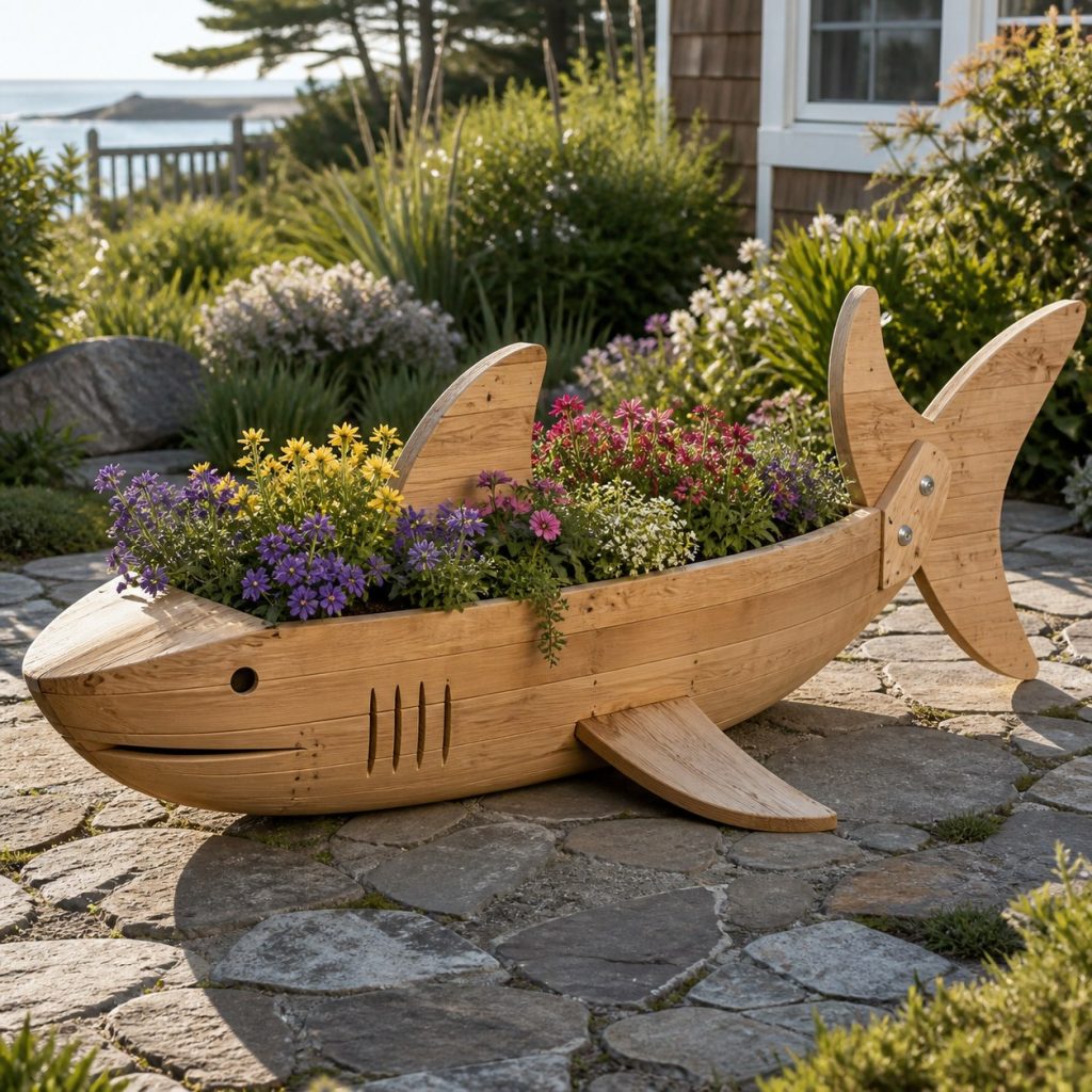 Large Grass-Filled Shark shown as a square photorealistic cedar shark-shaped garden planter filled with flowers