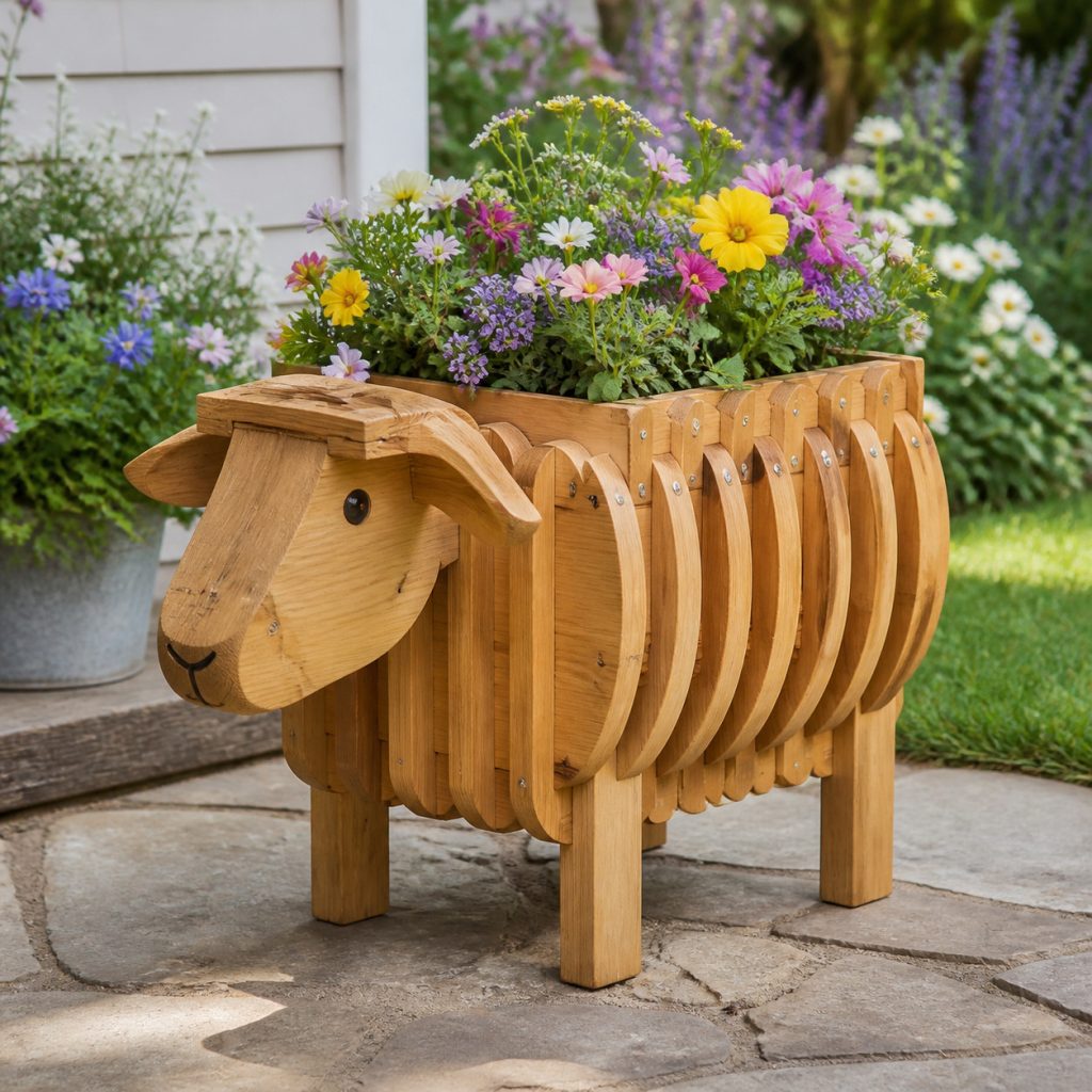 Rounded Cedar Lamb Planter shown as a square photorealistic cedar garden planter filled with cottage flowers