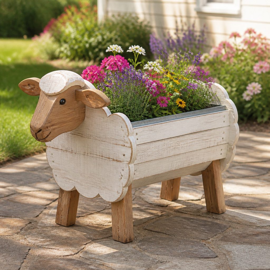 Whitewashed Farm Sheep shown as a square photorealistic cedar garden planter filled with cottage flowers