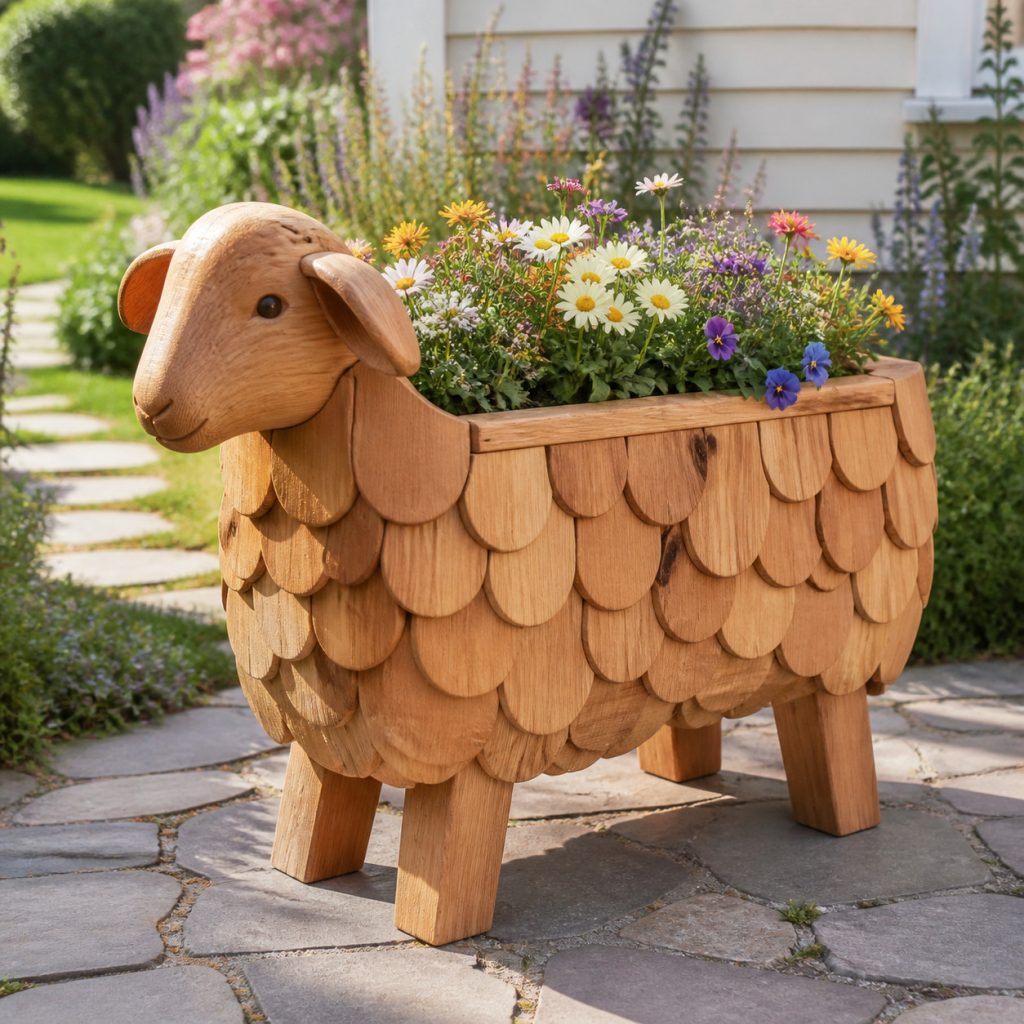 Scalloped Merino Flower Trough shown as a square photorealistic cedar garden planter filled with cottage flowers
