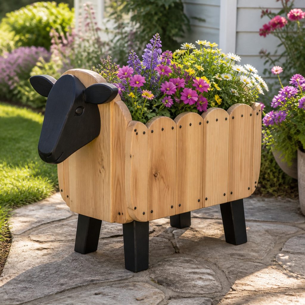 Black-Faced Suffolk Planter shown as a square photorealistic cedar garden planter filled with cottage flowers