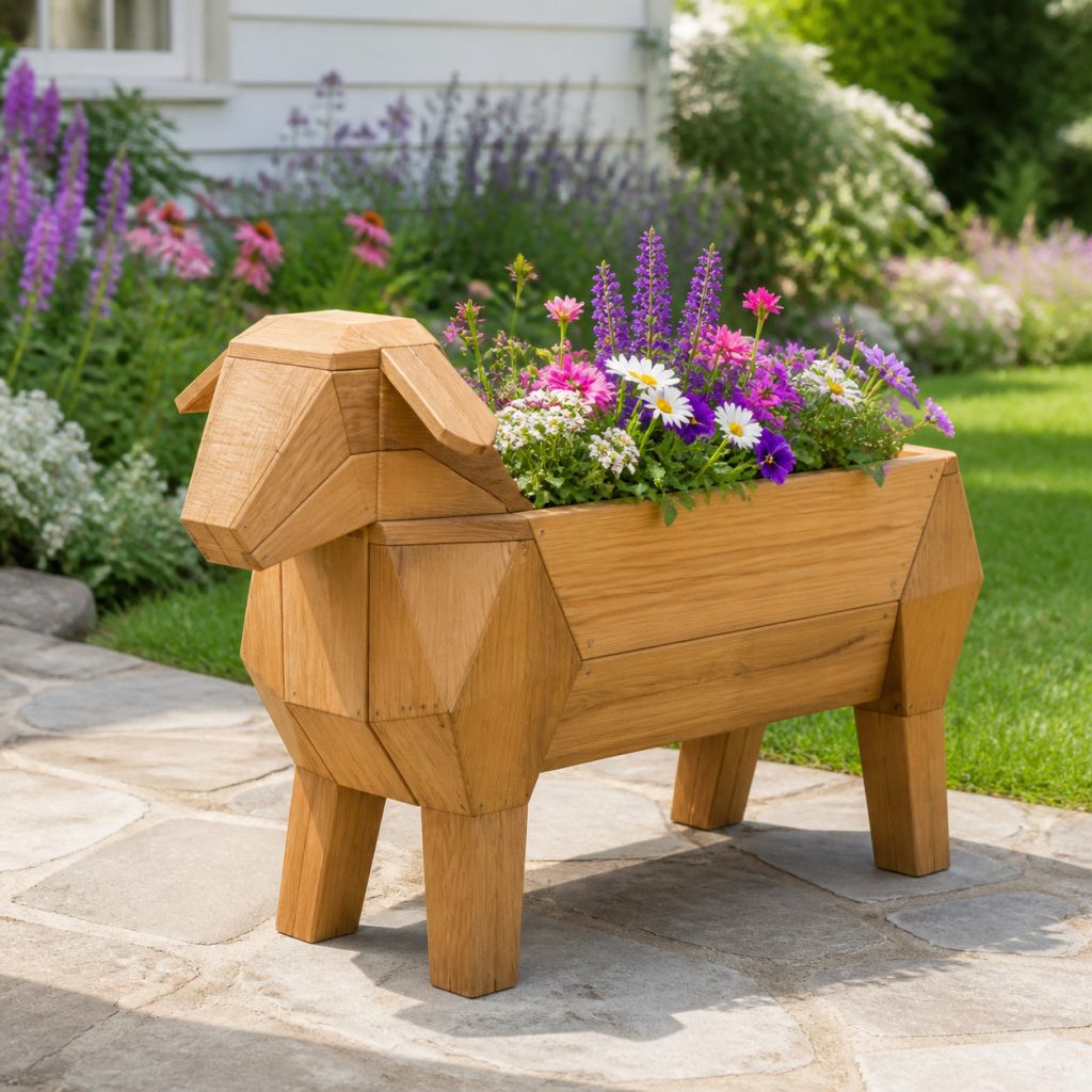 Geometric Cedar Sheep shown as a square photorealistic cedar garden planter filled with cottage flowers