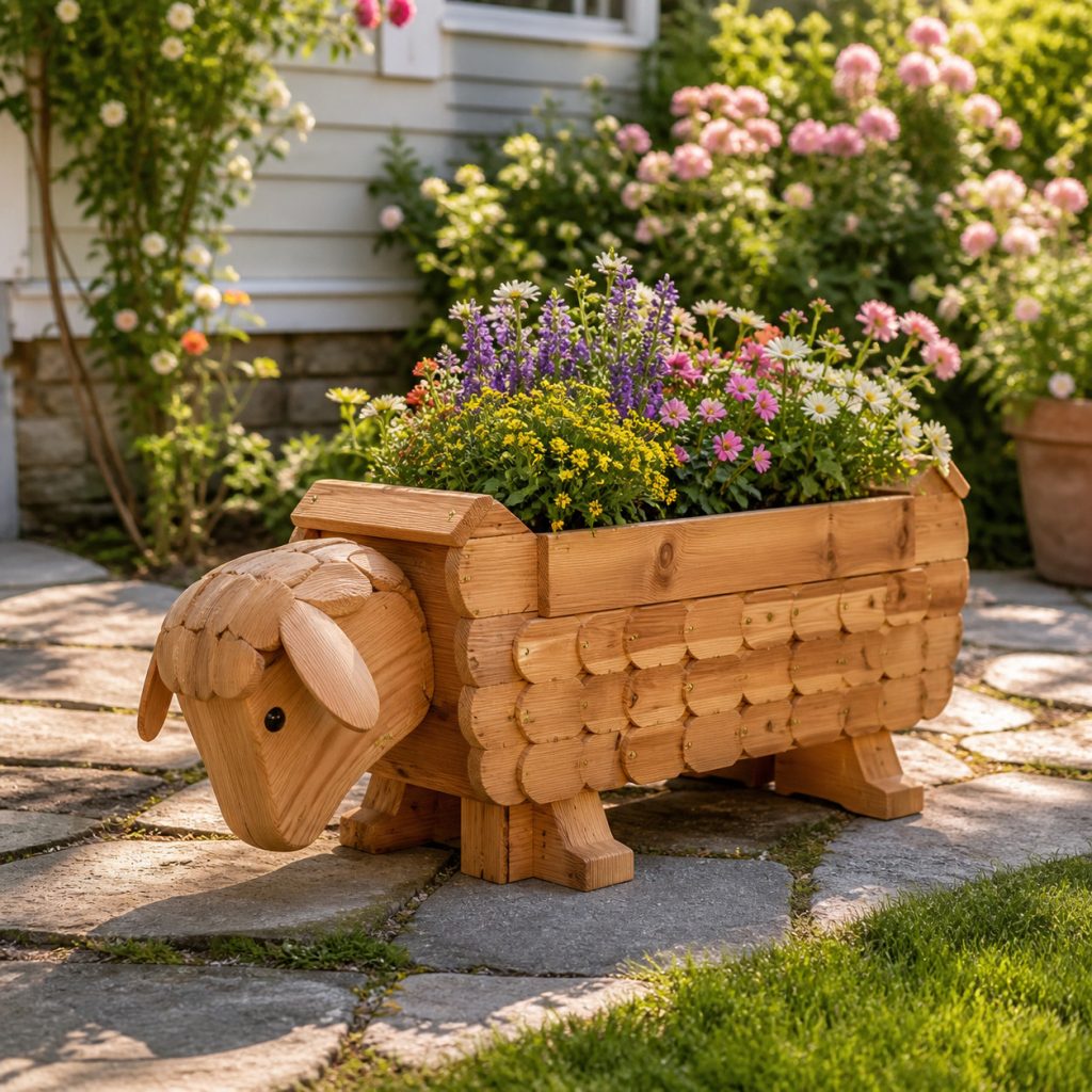 Low Grazing Sheep Planter shown as a square photorealistic cedar garden planter filled with cottage flowers