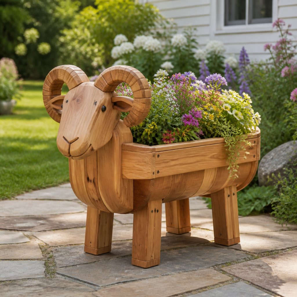 Curved-Horn Ram Planter shown as a square photorealistic cedar garden planter filled with cottage flowers