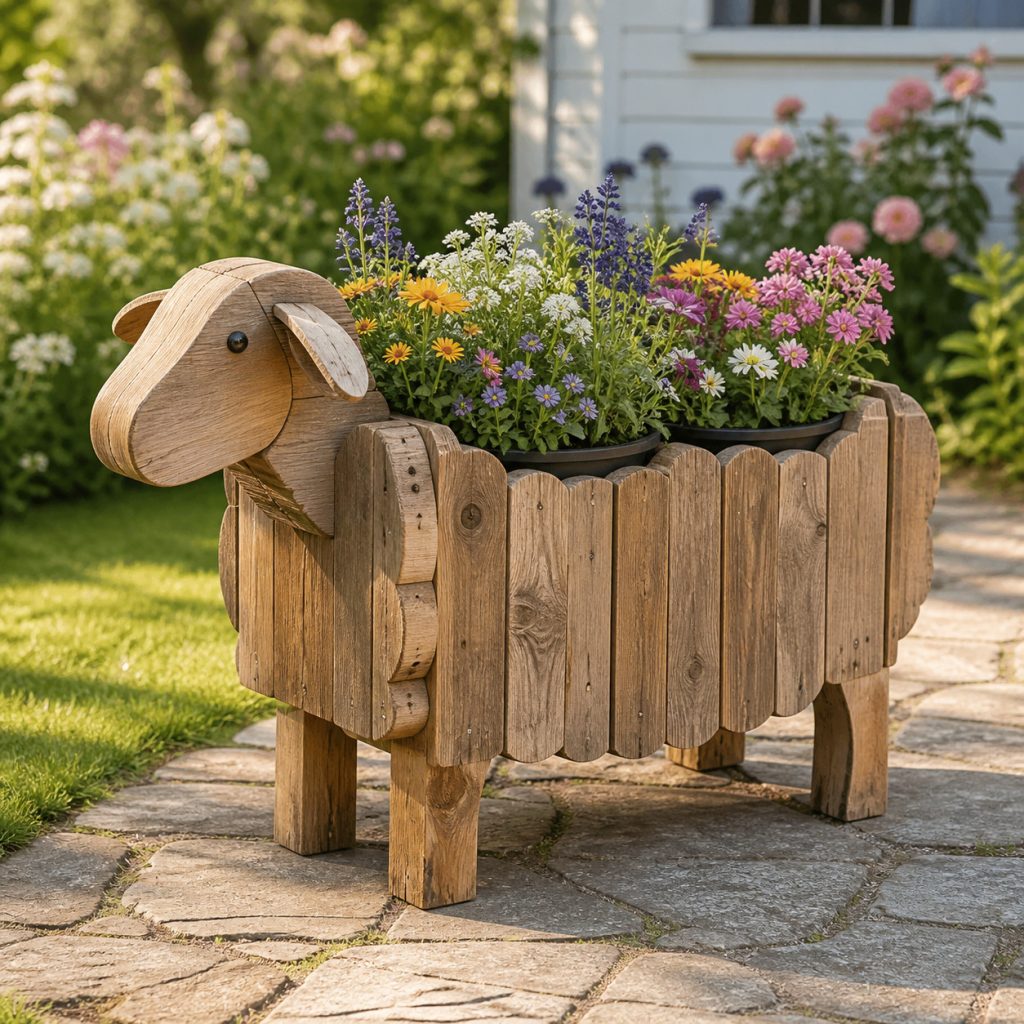 Weathered Cottage Sheep shown as a square photorealistic cedar garden planter filled with cottage flowers