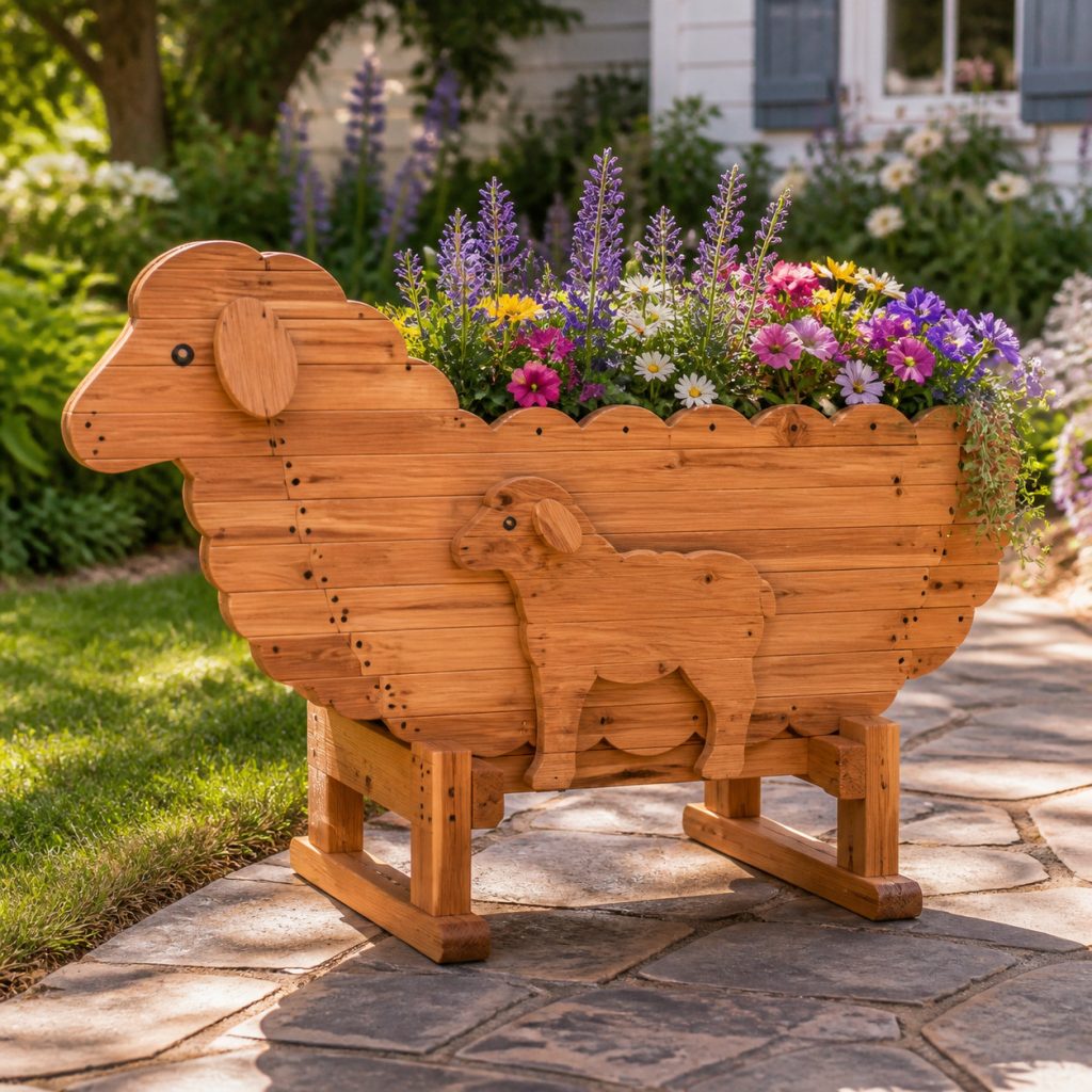 Ewe with Decorative Lamb Panel shown as a square photorealistic cedar garden planter filled with cottage flowers