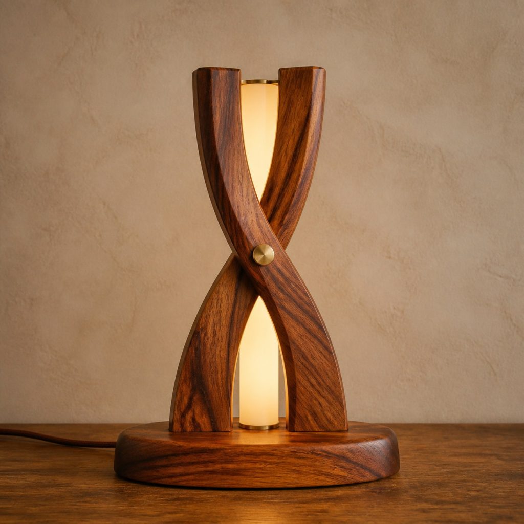 Sheesham Crossed-Bow Lamp shown as an original square photorealistic sheesham wood lamp with natural golden to deep brown contrasting grain, distinctive construction, and warm diffused light