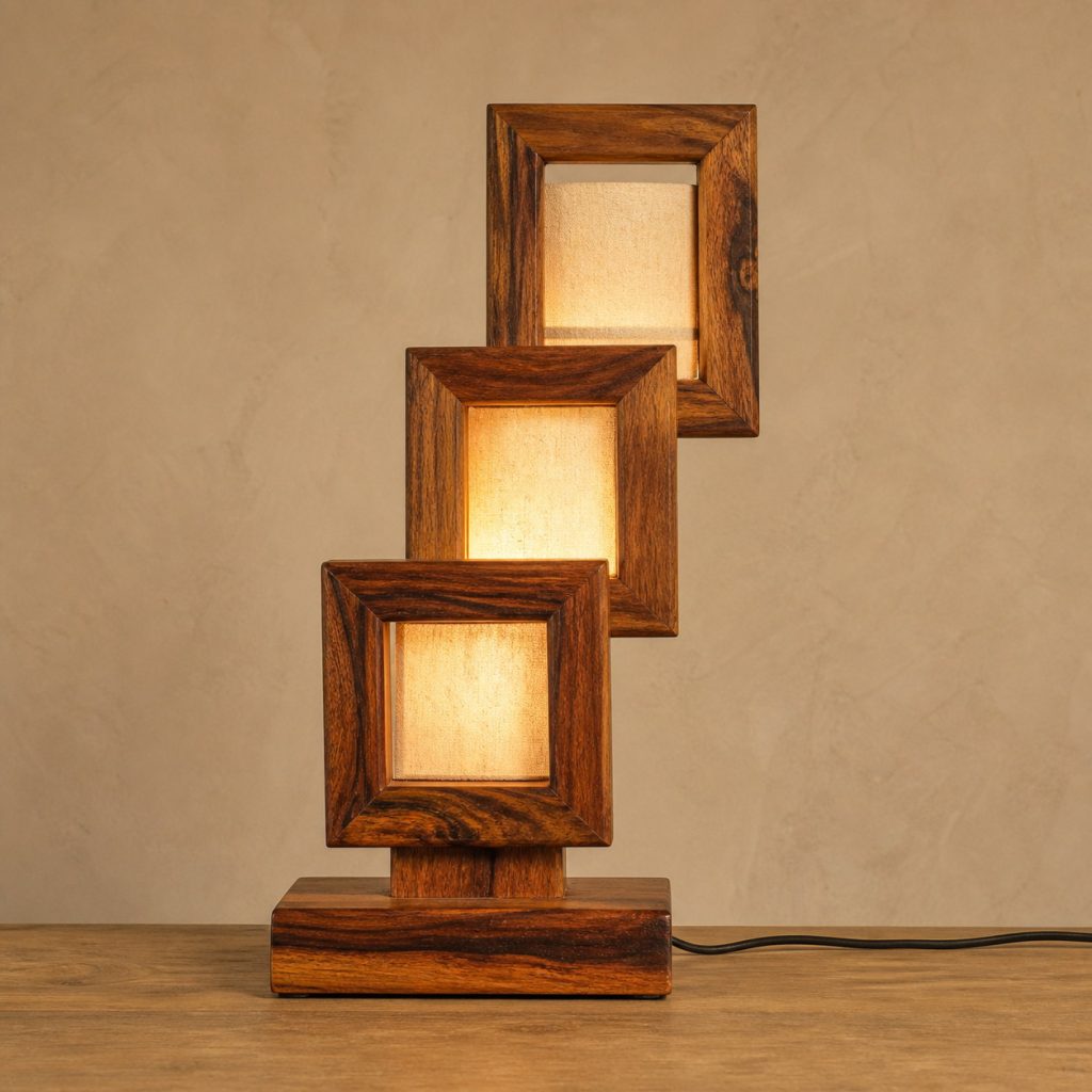 Sheesham Stepped-Frame Lamp shown as an original square photorealistic sheesham wood lamp with natural golden to deep brown contrasting grain, distinctive construction, and warm diffused light