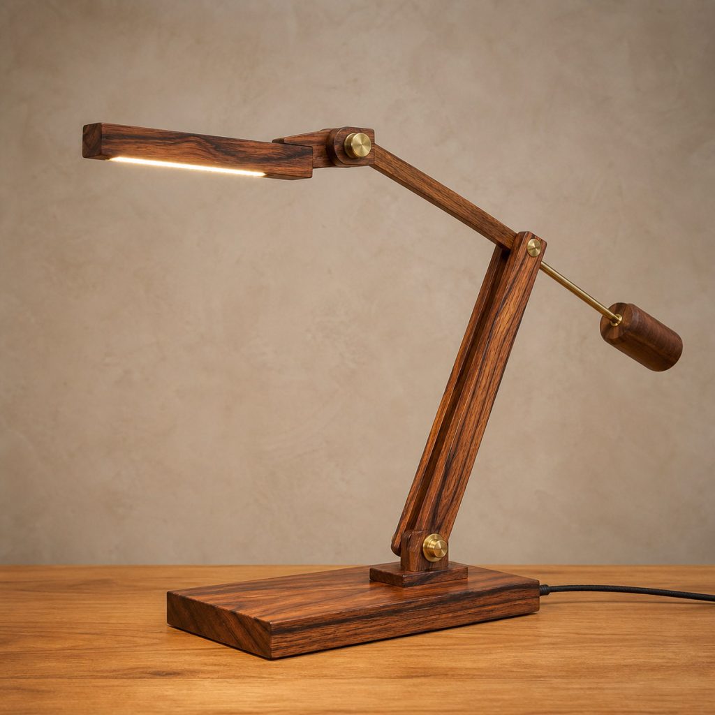 Sheesham Articulated-Crane Lamp shown as an original square photorealistic sheesham wood lamp with natural golden to deep brown contrasting grain, distinctive construction, and warm diffused light