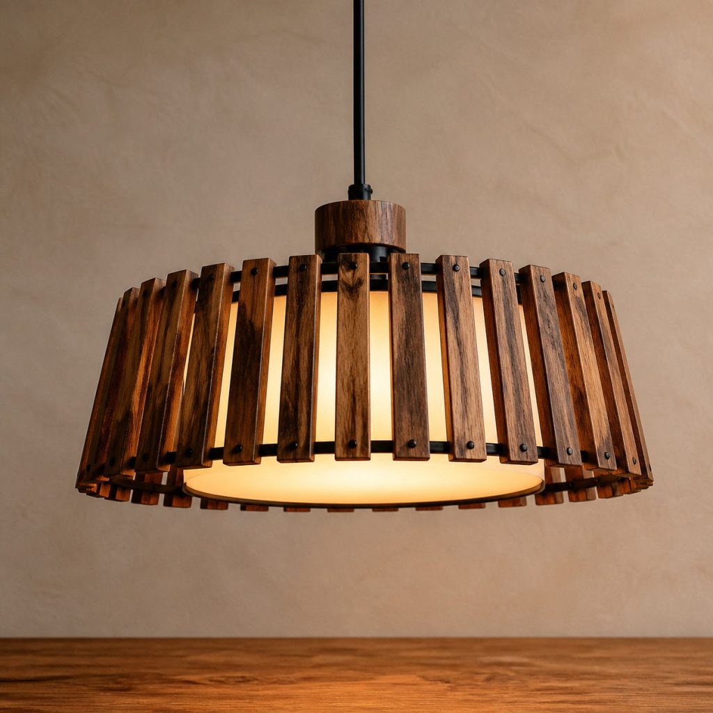 Sheesham Radial-Drum Pendant shown as an original square photorealistic sheesham wood lamp with natural golden to deep brown contrasting grain, distinctive construction, and warm diffused light