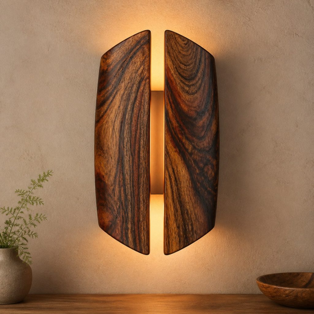 Sheesham Split-Shield Sconce shown as an original square photorealistic sheesham wood lamp with natural golden to deep brown contrasting grain, distinctive construction, and warm diffused light