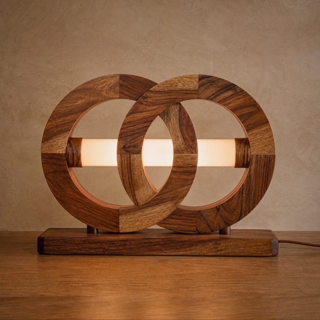 Sheesham Ring-Bridge Lamp shown as an original square photorealistic sheesham wood lamp with natural golden to deep brown contrasting grain, distinctive construction, and warm diffused light