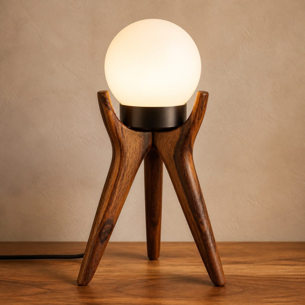 Sheesham Tripod-Orb Lamp shown as an original square photorealistic sheesham wood lamp with natural golden to deep brown contrasting grain, distinctive construction, and warm diffused light