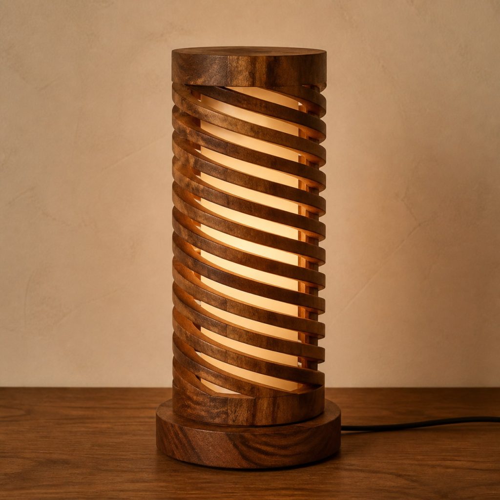 Sheesham Spiral-Louver Lamp shown as an original square photorealistic sheesham wood lamp with natural golden to deep brown contrasting grain, distinctive construction, and warm diffused light