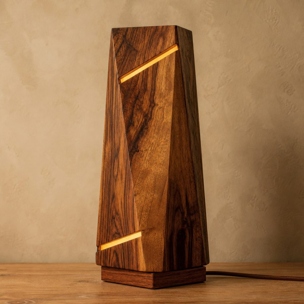 Sheesham Faceted-Prism Lamp shown as an original square photorealistic sheesham wood lamp with natural golden to deep brown contrasting grain, distinctive construction, and warm diffused light