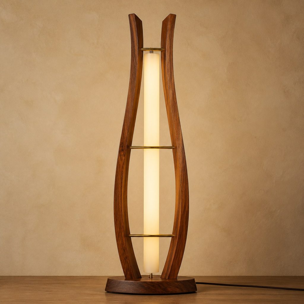 Sheesham Harp Floor Lamp shown as an original square photorealistic sheesham wood lamp with natural golden to deep brown contrasting grain, distinctive construction, and warm diffused light