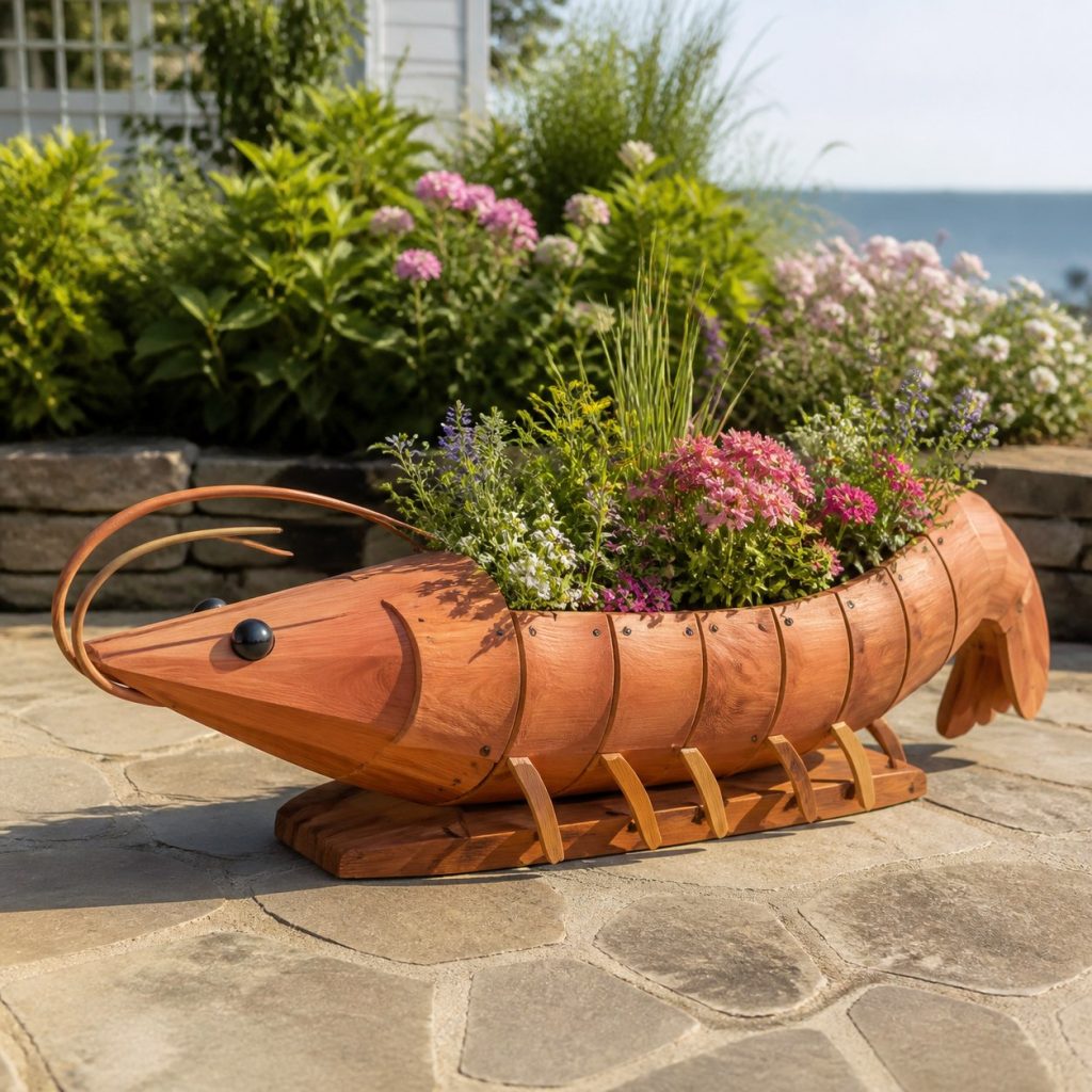 Classic Curved Cedar Shrimp shown as a square photorealistic cedar shrimp-shaped garden planter filled with flowers