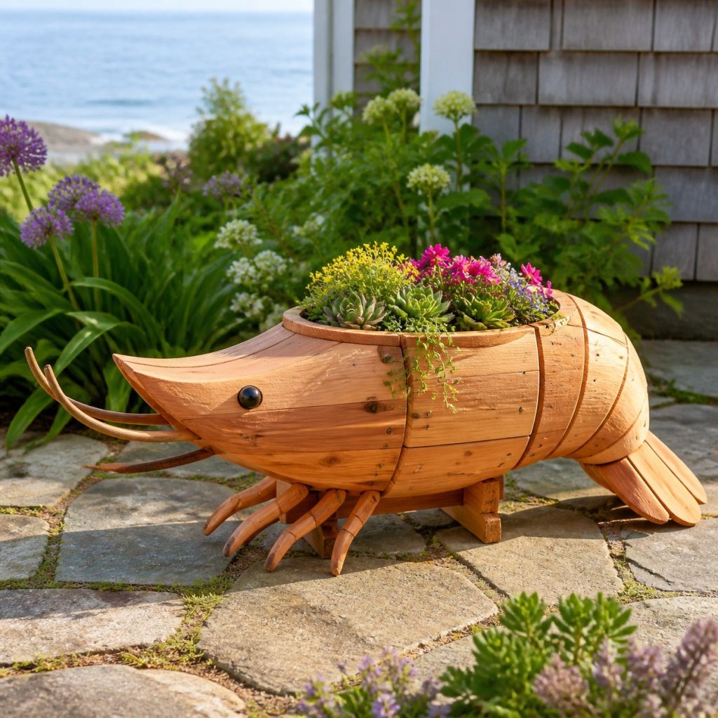 Compact Succulent Shrimp shown as a square photorealistic cedar shrimp-shaped garden planter filled with flowers