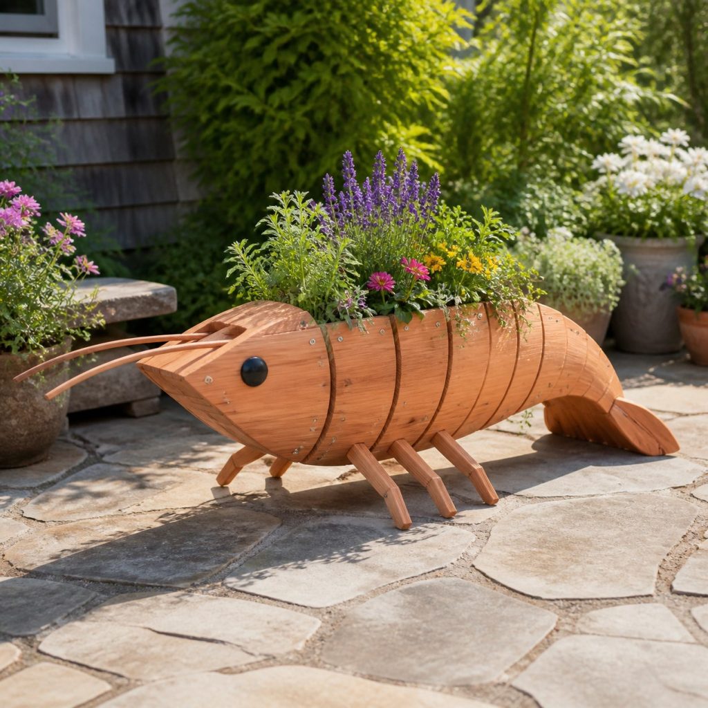 Slatted Herb-Trough Shrimp shown as a square photorealistic cedar shrimp-shaped garden planter filled with flowers