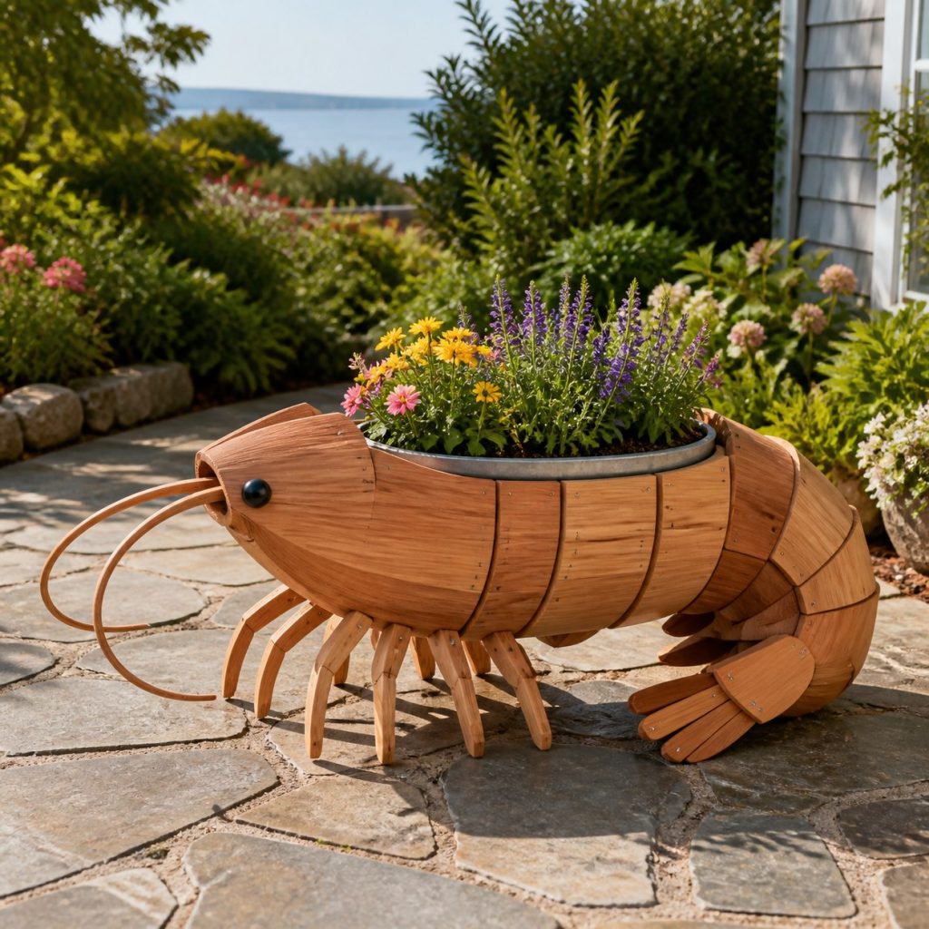 Shrimp with Galvanized Liner shown as a square photorealistic cedar shrimp-shaped garden planter filled with flowers