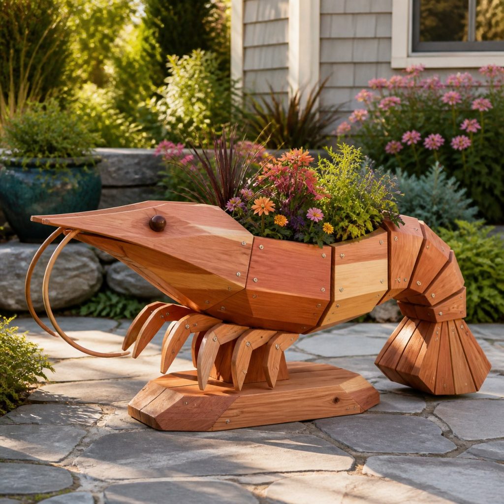 Modern Geometric Shrimp shown as a square photorealistic cedar shrimp-shaped garden planter filled with flowers