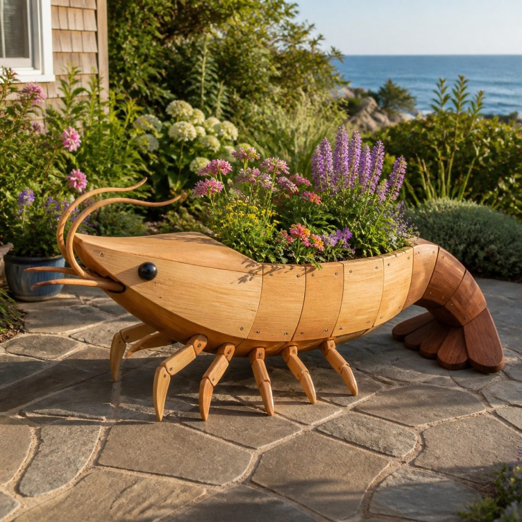 Two-Tone Cedar Shrimp shown as a square photorealistic cedar shrimp-shaped garden planter filled with flowers